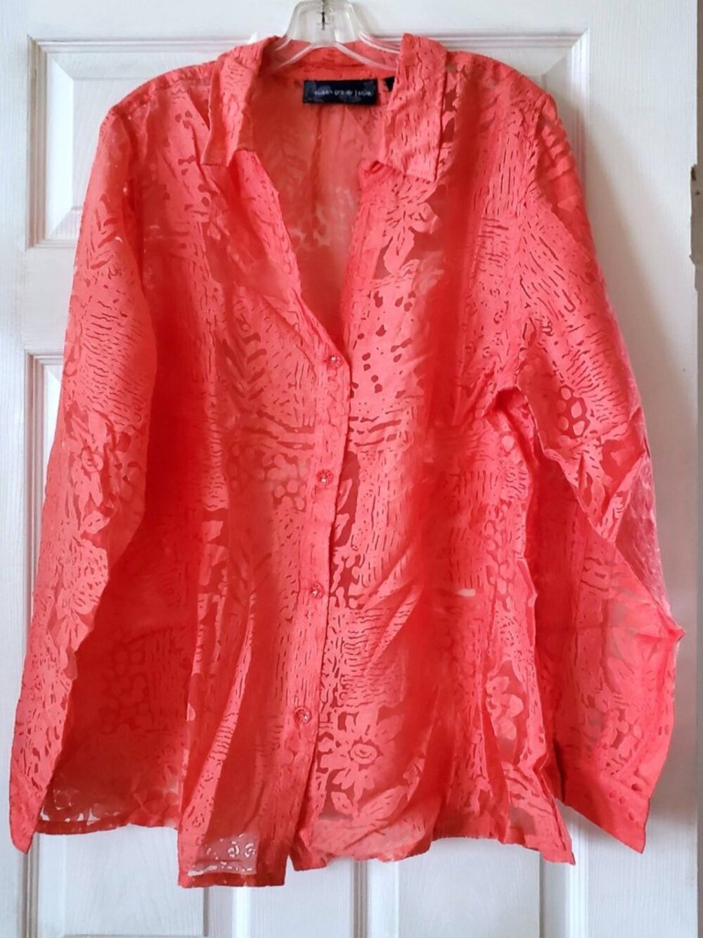 VINTAGE SUSAN GRAVER STYLE SHEER LACE CORAL FLORAL BUTTON UP BLOUSE SIZE XL NWOT